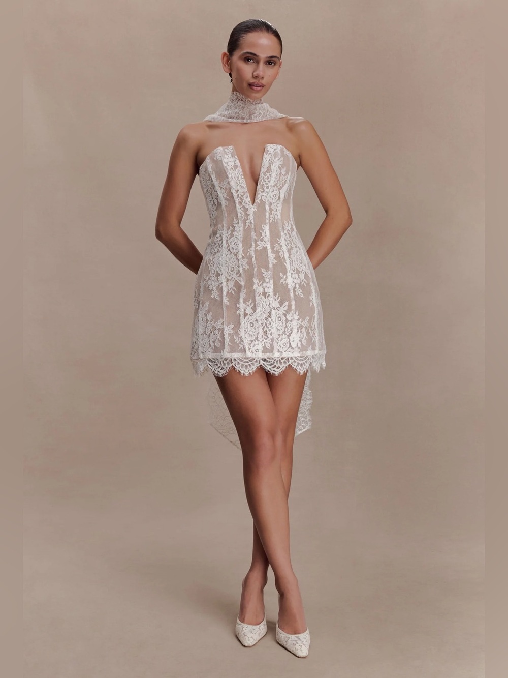 Meshki Ivory Strapless Lace Corset Plunge Mini Dress - Scarf Optional